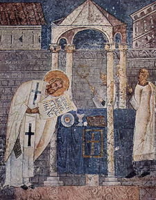Meister der Sophien-Kathedrale von Ohrid, Fresken in der Sophien-Kathedrale in Ohrid, Szene: Heiliger Basilius, der Große, 11. Jhdt., Ohrid (Mazedonien), westbyzantinische  Werkstatt, Quelle: The Yorck Project, 10000 Meisterwerke der Malerei, DVD-ROM, 2002, Direkt-Media-Publishing-GmbH