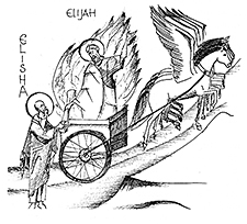 Der Prophet Elijah wird im Feuerwagen entrückt. Sein Schüler Elisha erhält Anteil an seinem Geist. Zeichnung von Heinrich Wolf.