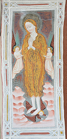 Die hl. Maria Magdalena in einem Fresko am Apsisbogen der Kirche St. Jakob in St. Ulrich in Gröden, Brixener Schule 15. Jhdt., Hochgeladen von: Moroder - Wikimedia Commons