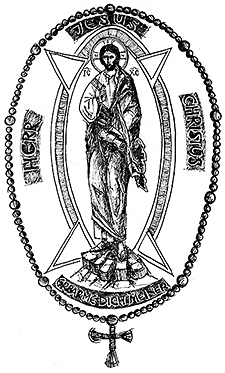 Zeichnung eines Tschotki (Rosenkranz für das Jesusgebet) mit Christusdarstellung und dem Wortlaut des Gebets von Heinrich Wolf.